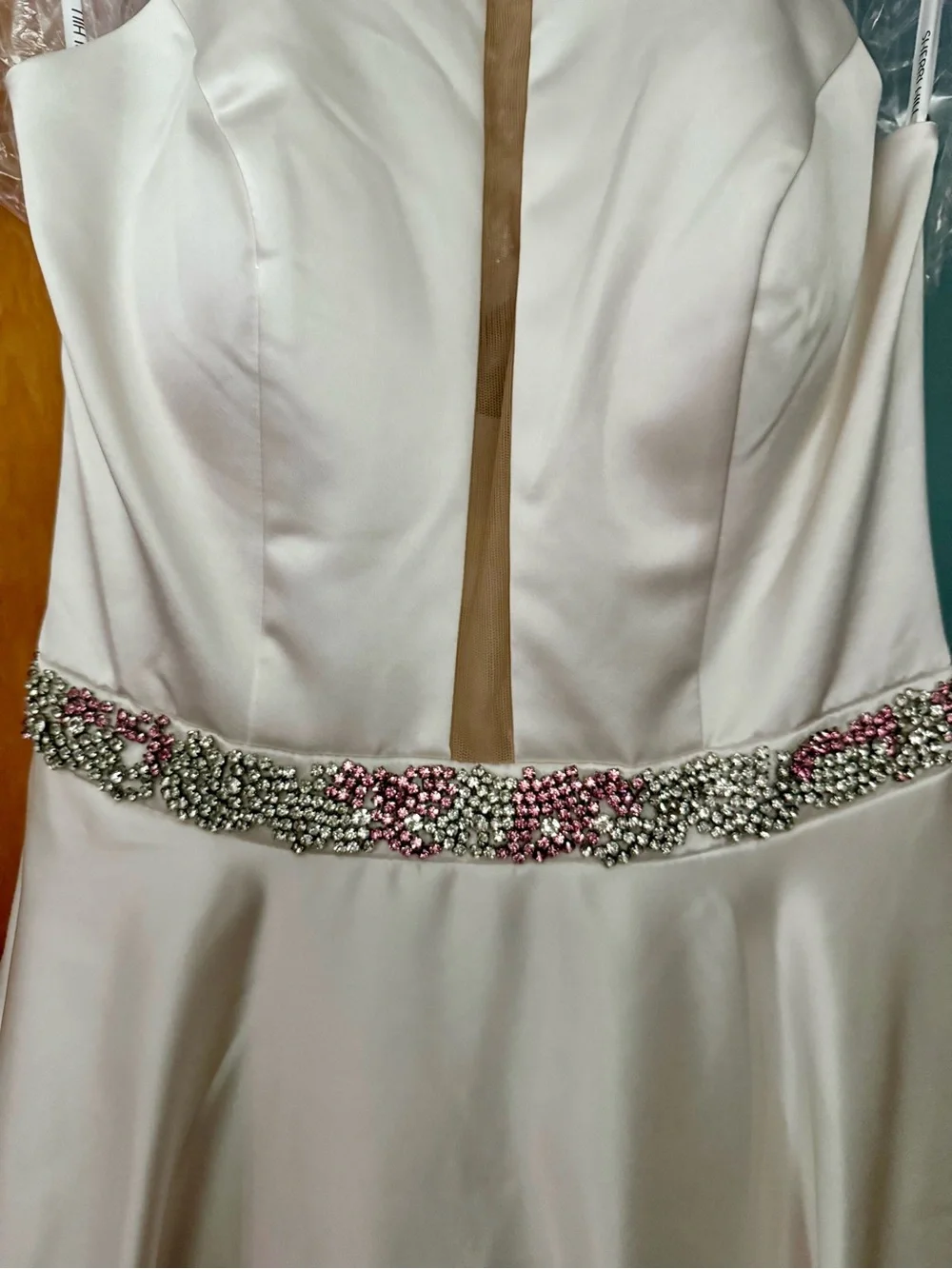 Sherri Hill White jeweled halter ball gown with illusion panel - Picture 7 of 12